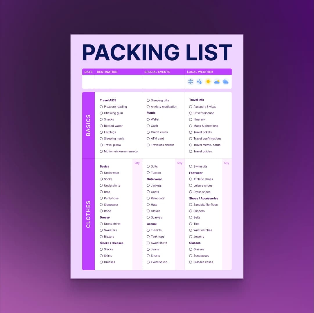 free printable packing list