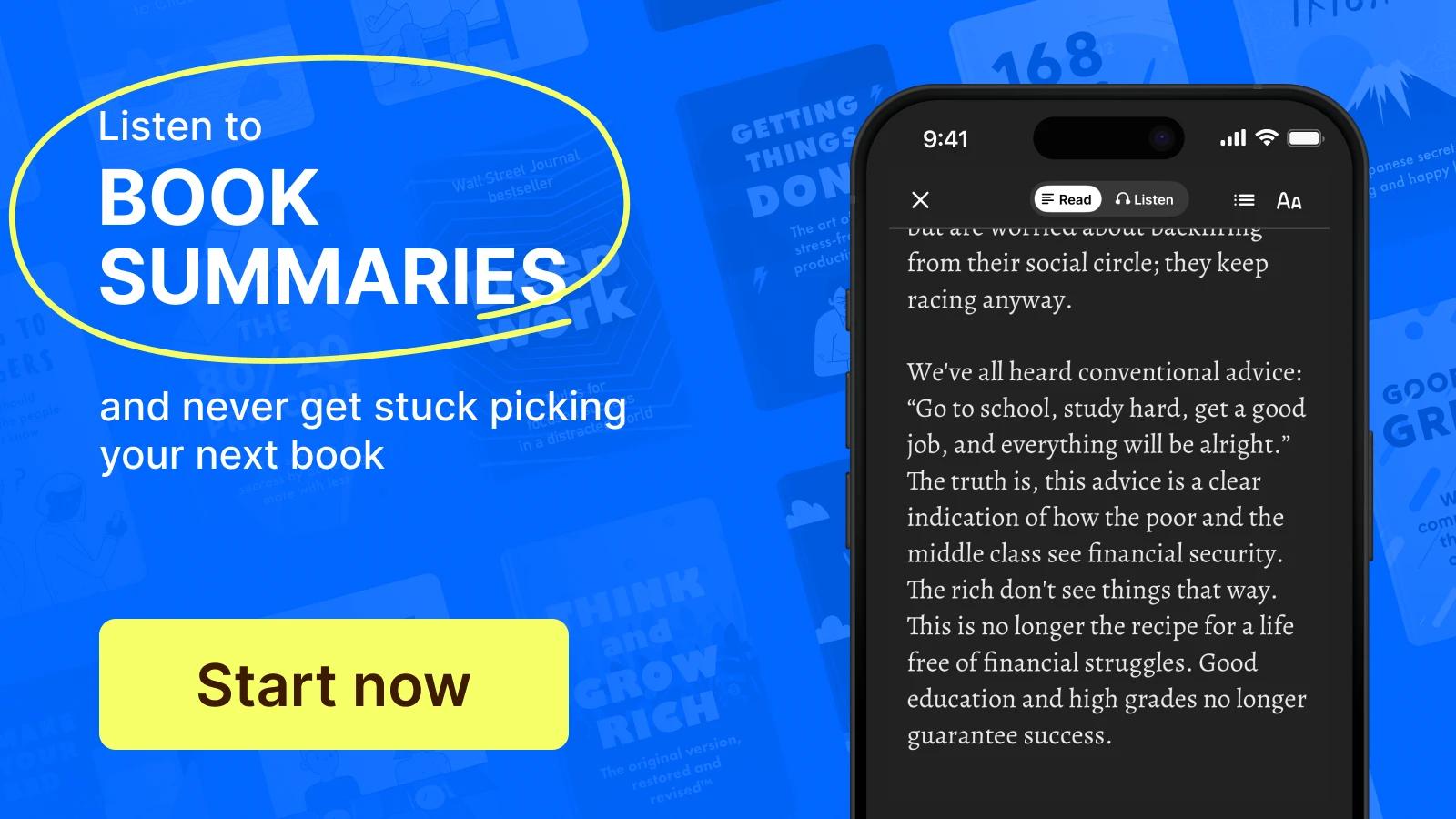 An iphone mockup with the text of book summary and book covers at the background