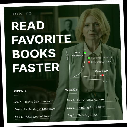 Infographic showing a 2-week plan to improve reading speed and efficiency using the Headway app, featuring popular book titles like "The 48 Laws of Power" and "Pitch Anything."