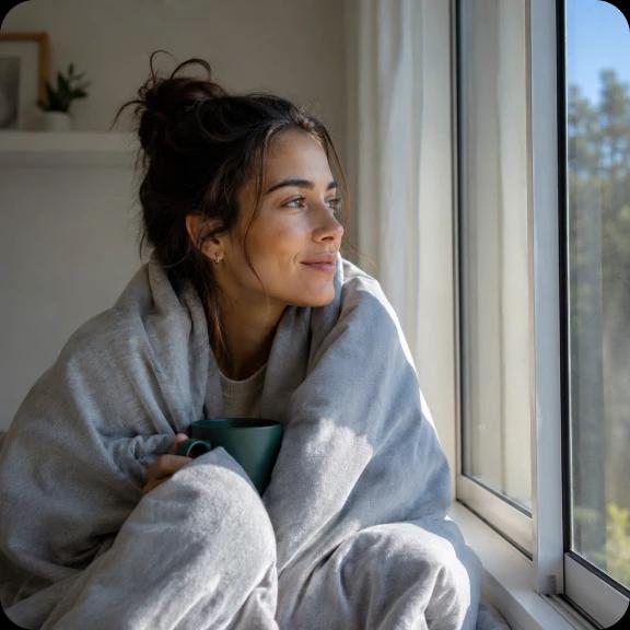 A woman in a blanket with a cup in hands