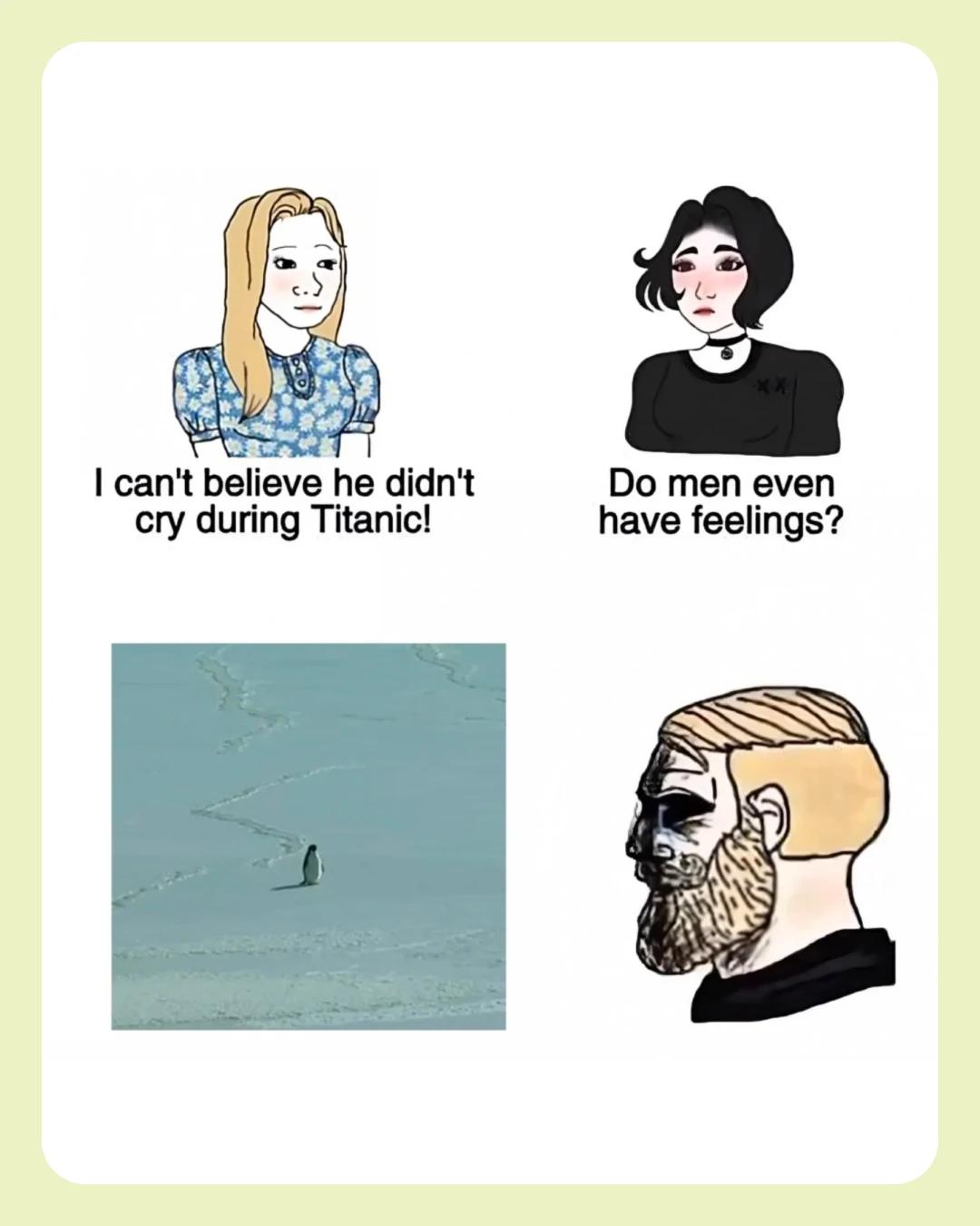 The Nihilist Penguin penguin viral meme three characters talking about men feelings