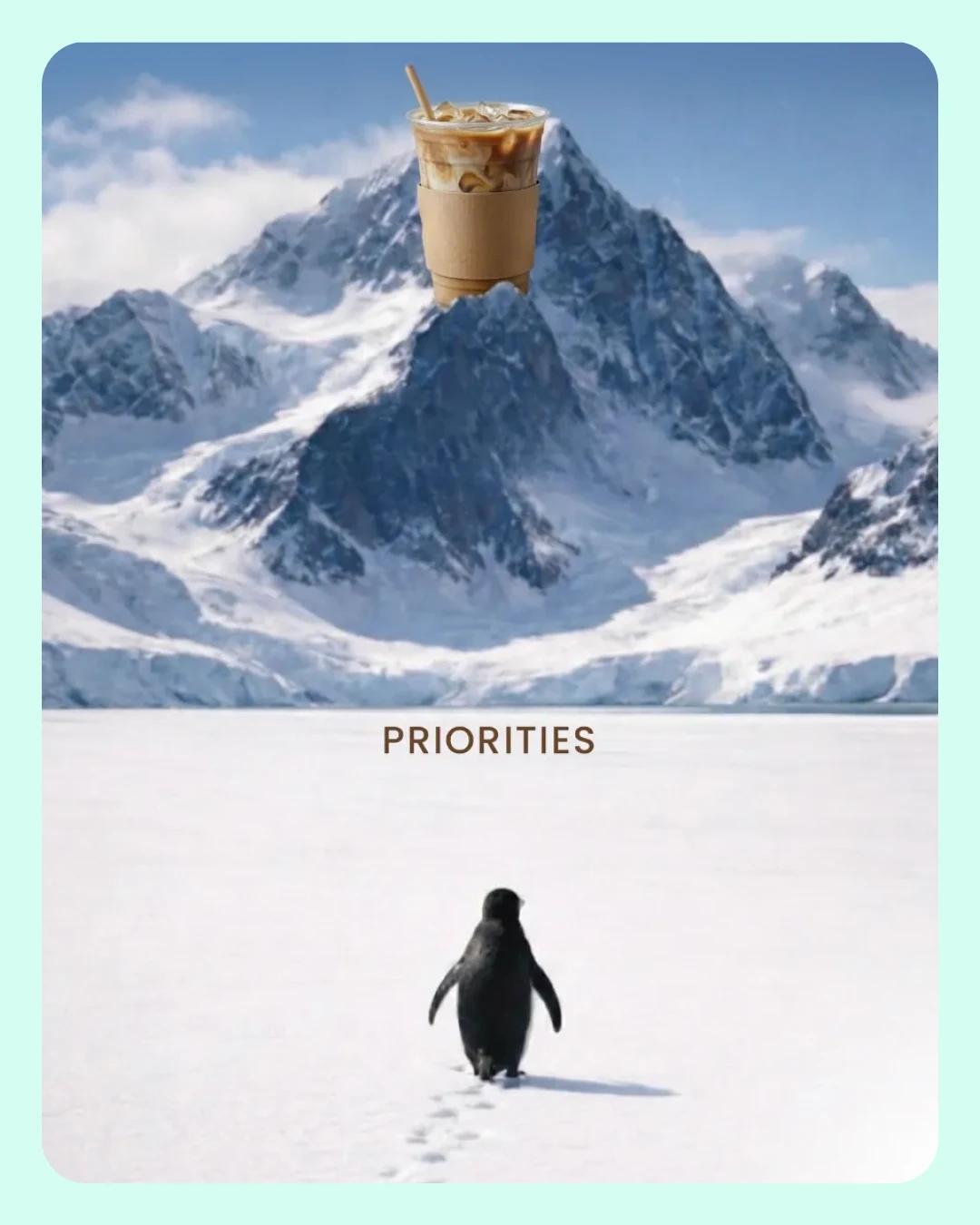 The Nihilist Penguin penguin viral meme illustrating a penguin going towards a cup of coffee