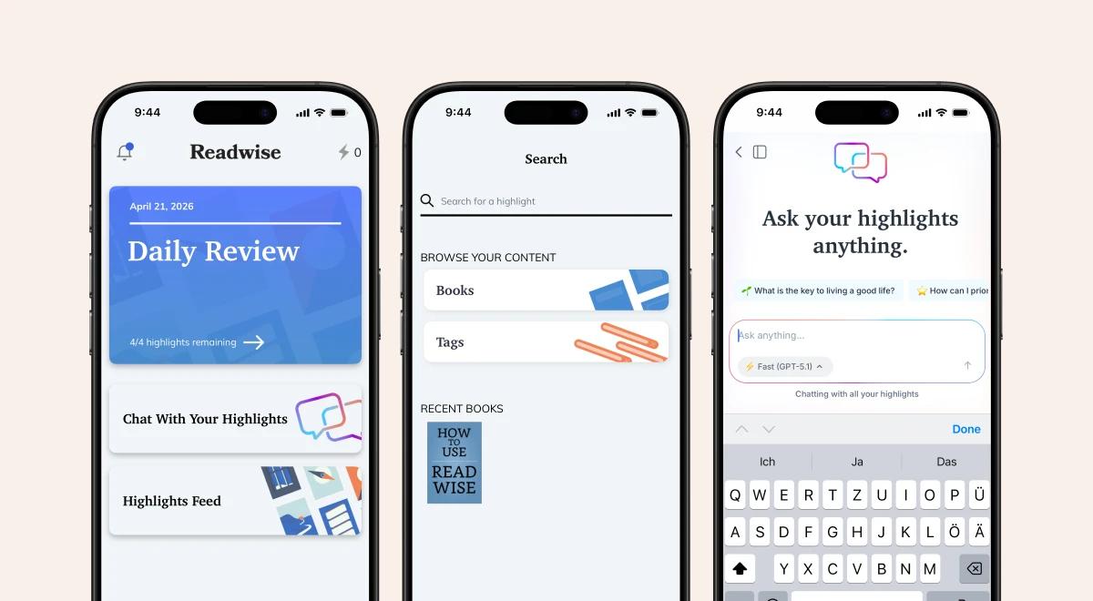 Three Readwise app screenshots showing the Daily Review screen, content browsing with books and tags, and an AI highlights chat interface on white background