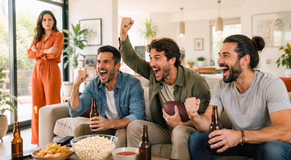 Three men cheer excitedly on a couch with beers, football, and popcorn while an annoyed woman in orange stands with crossed arms, raising the question of what is considered cheating on shared time