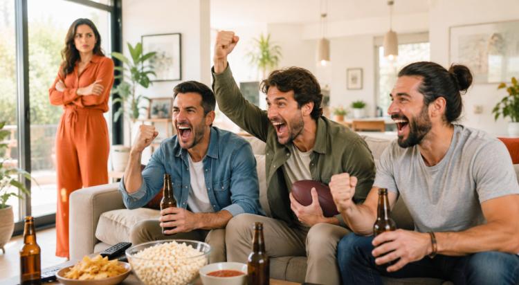 Three men cheer excitedly on a couch with beers, football, and popcorn while an annoyed woman in orange stands with crossed arms, raising the question of what is considered cheating on shared time