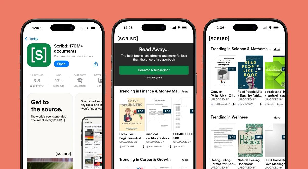 _Three smartphone screens showing the Scribd app interface, including a document library page, a subscription offer screen, and trending categories in science, wellness and career growth, illustrating
