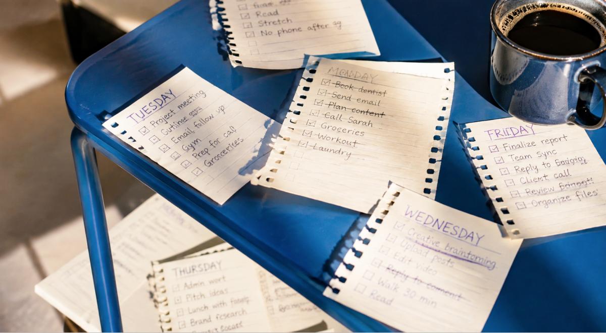 Handwritten daily to-do list notes for each weekday scattered across a blue metal table beside a mug of black coffee, showing planning tasks that can help you learn how to stop worrying