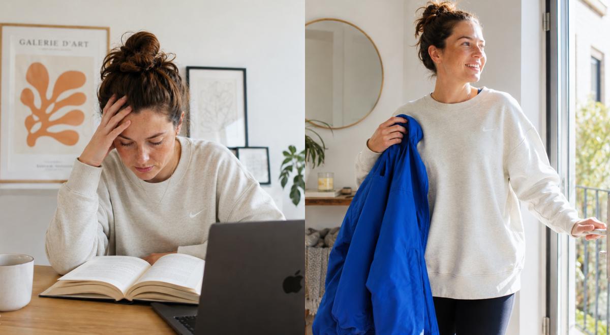Woman comparing intrusive vs impulsive thoughts, shown stressed reading a book at her laptop then smiling brightly holding a blue jacket by a window at home