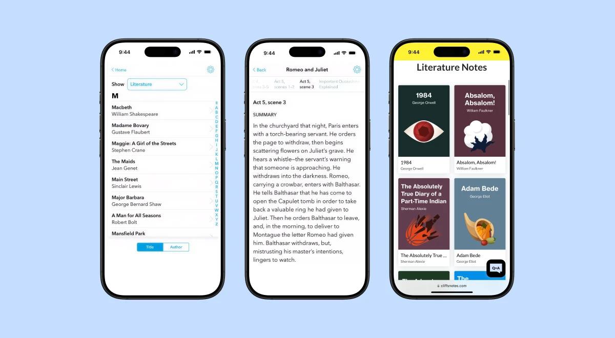 Three smartphones showcasing the SparkNotes app interface with literature list, Romeo and Juliet summary, and book covers on a light blue background