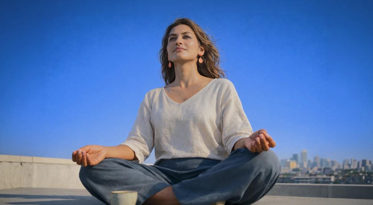 Woman in white top sitting in lotus pose meditating on a rooftop against a bright blue sky with a city skyline in the background, practicing mental detox for regaining focus