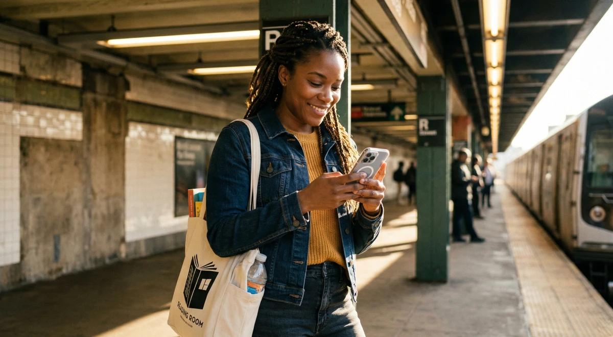 Smiling woman with braids using a smartphone on a subway platform, carrying a book tote bag, wearing a denim jacket — discovering apps to download while waiting for a train