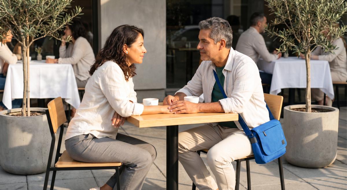 Pareja madura conversando en una terraza de café rodeada de olivos, practicando la comunicación en su relación