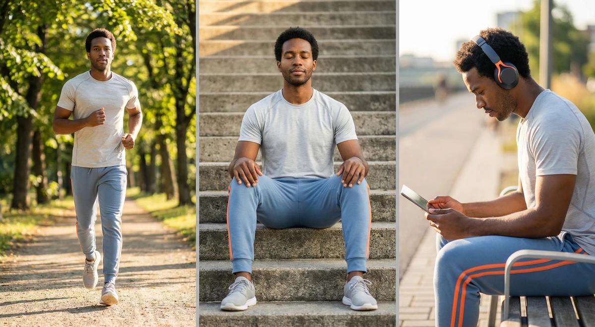 Three-panel image of a man with a consistent morning routine_ jogging in a green park, meditating on steps outdoors, and listening to music on a city bench