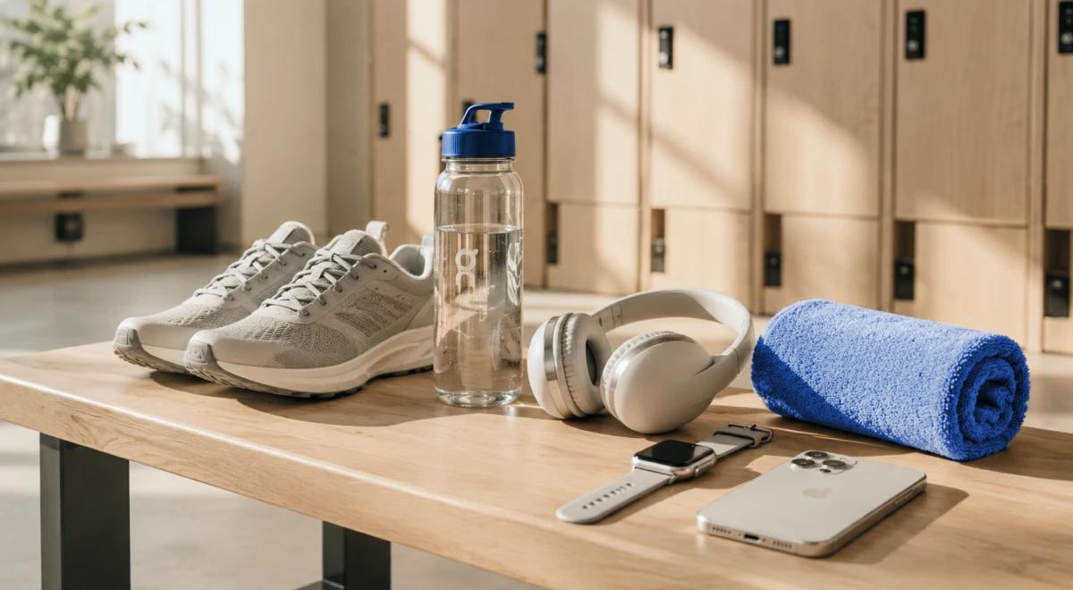 Running shoes, water bottle, wireless headphones, blue towel, and smartphone arranged on a wooden table in a bright room, representing a healthy lifestyle routine (1)