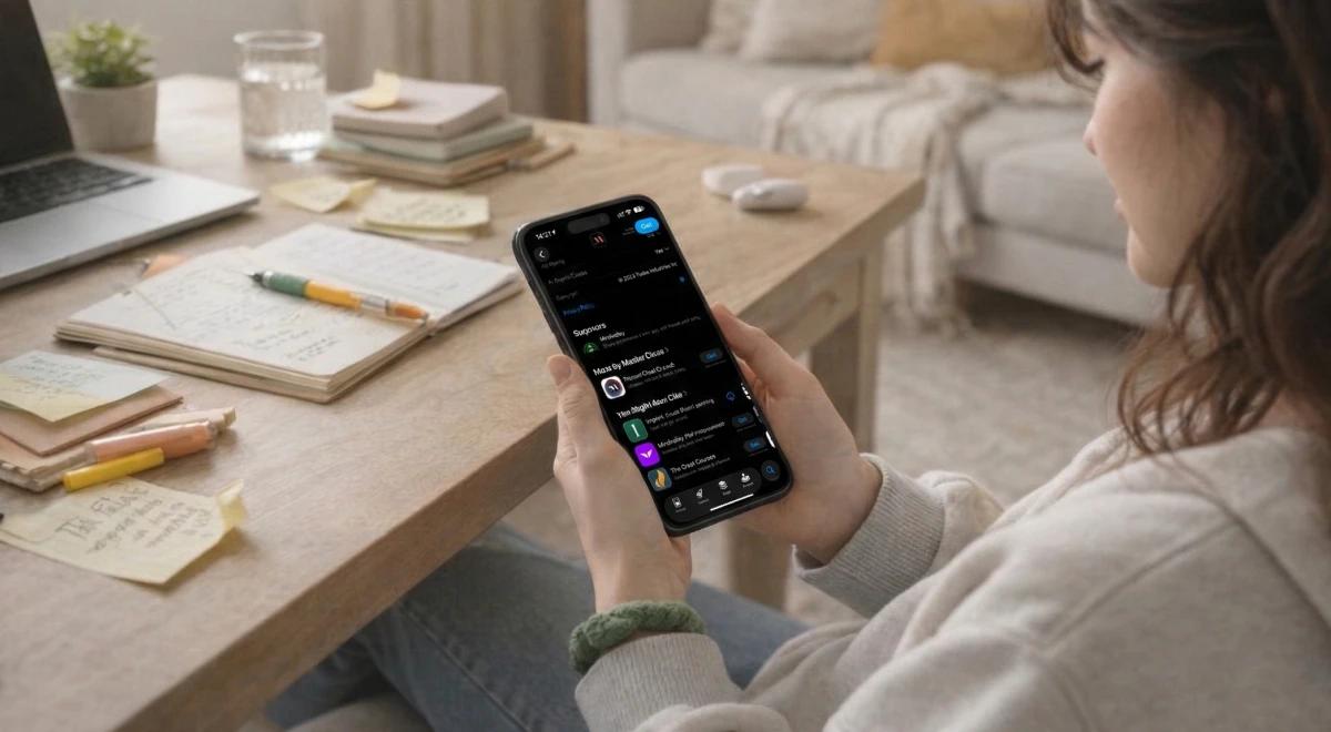 Woman sitting at a wooden desk holding a smartphone, surrounded by notebooks, pencils, and a laptop, exploring MasterClass alternatives apps