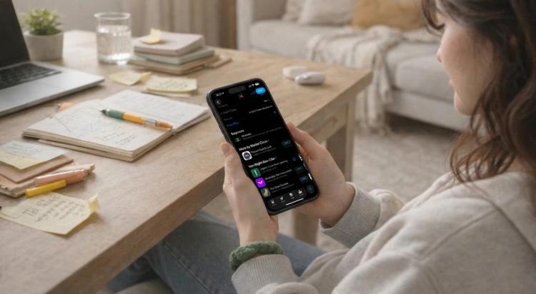 Woman sitting at a wooden desk holding a smartphone, surrounded by notebooks, pencils, and a laptop, exploring MasterClass alternatives apps