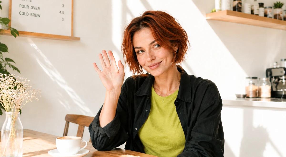 Woman with short red hair in a green top and black jacket waving and smiling while sitting at a bright café table with a coffee cup, flirting