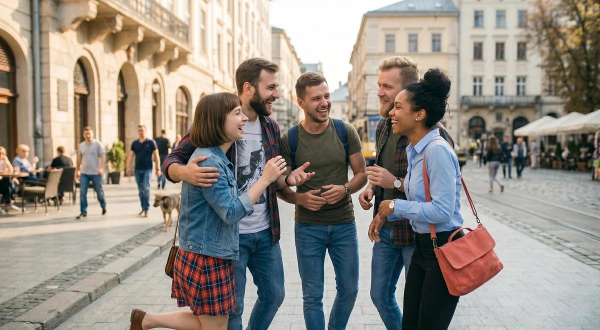 Diverse group of happy friends laughing and embracing on a sunny city street, representing joy and connection after trauma release