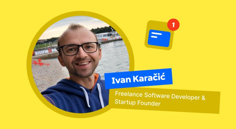 Smiling man with glasses in a navy hoodie by a harbor, labeled Ivan Karačić, freelance software developer and startup founder, on a yellow background for a Headway review