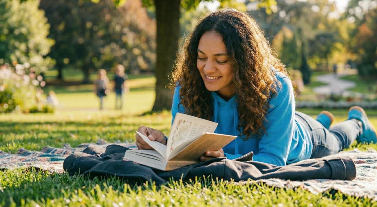Young woman with curly hair lying on grass in a sunny park, smiling while reading one of her fun books to read, wearing a blue top with trees in the background
