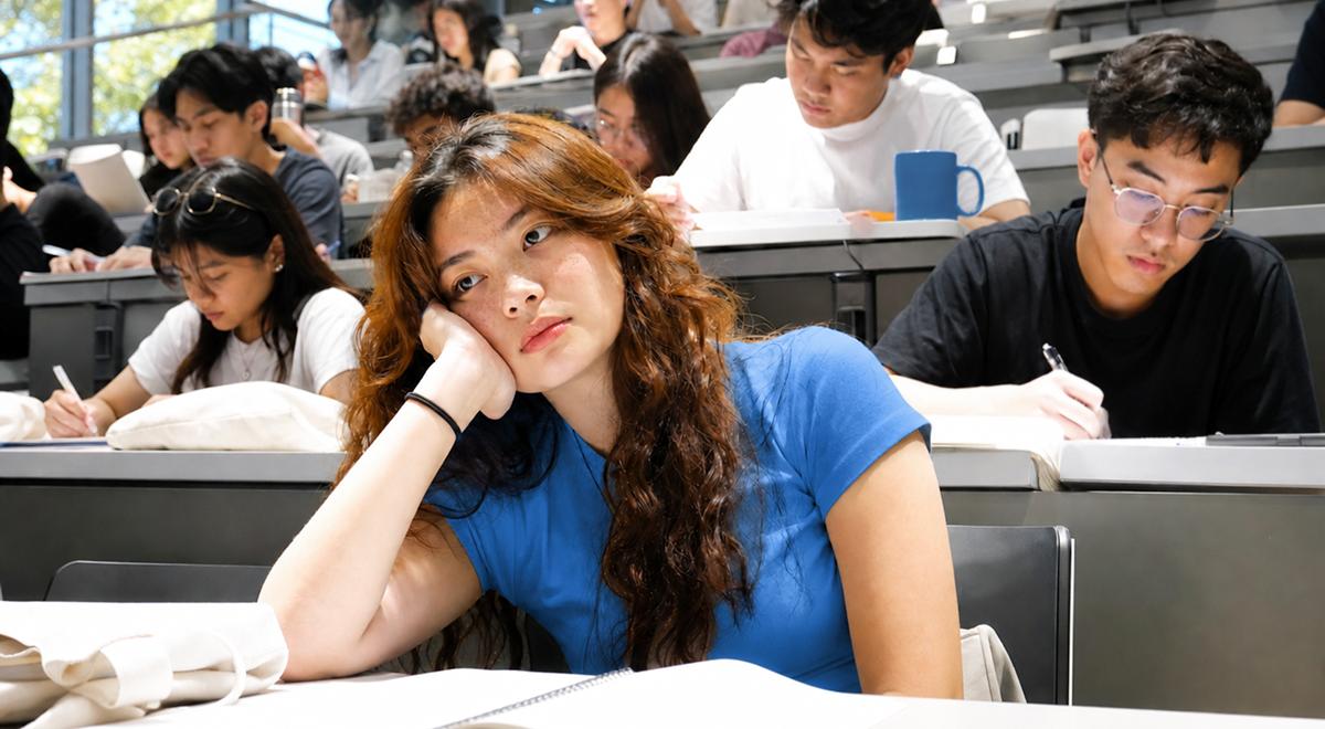 Bored young woman with long wavy hair resting her head on her hand in a university lecture hall, possibly struggling with ADHD, while classmates take notes around her