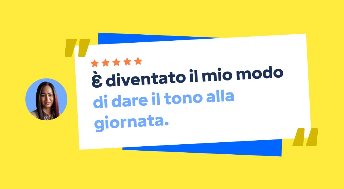 Recensione dell'app Headway a cinque stelle con ritratto di una donna sorridente su sfondo giallo e blu, con citazione in italiano sul dare il tono alla giornata