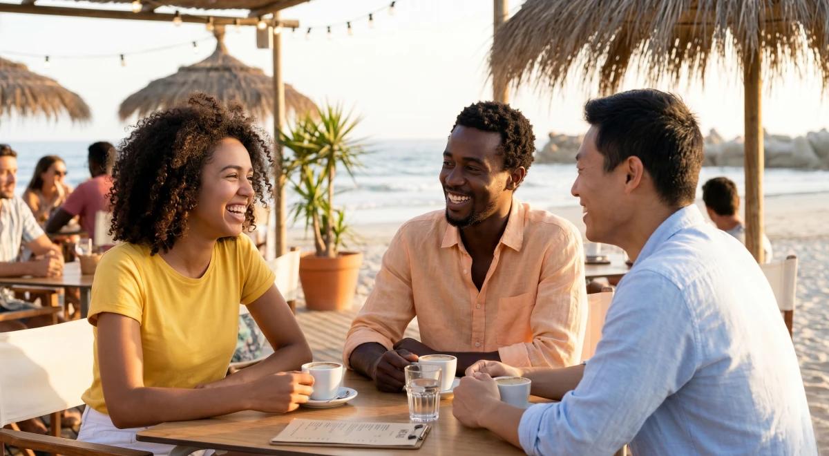 Three friends laughing and talking over coffee at an outdoor beachside cafeฬ with thatched umbrellas, sea view in the background, showing natural social charisma