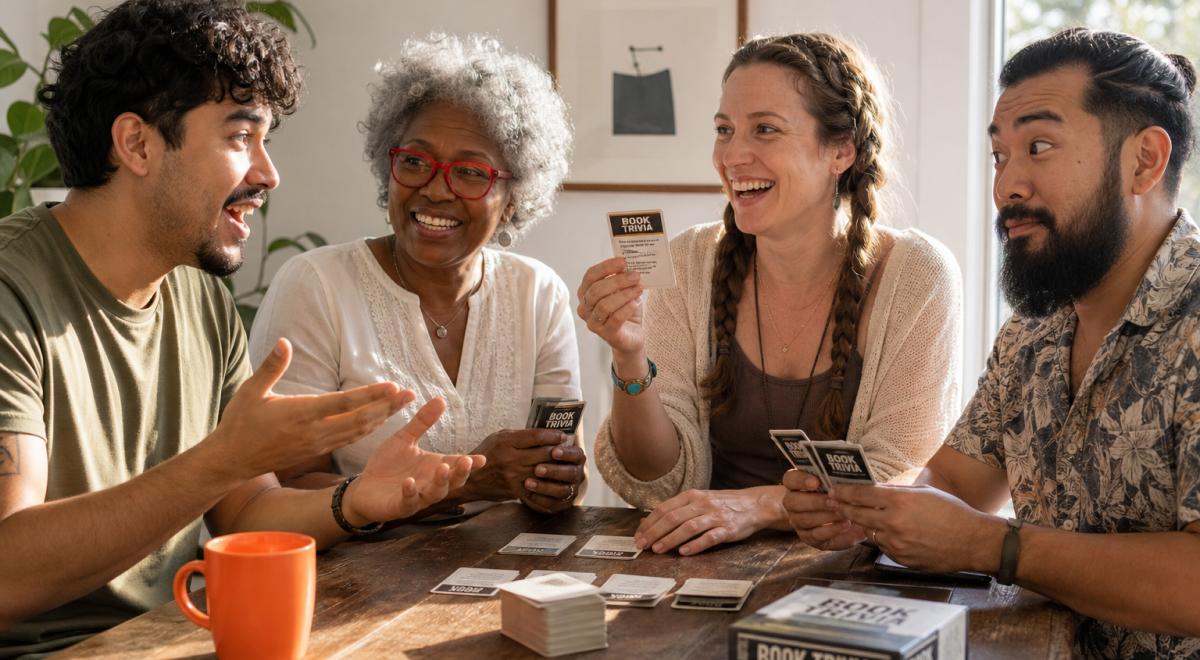 Four diverse friends laughing around a wooden table playing Book Trivia, holding cards with famous book trivia questions and answers beside an orange mug
