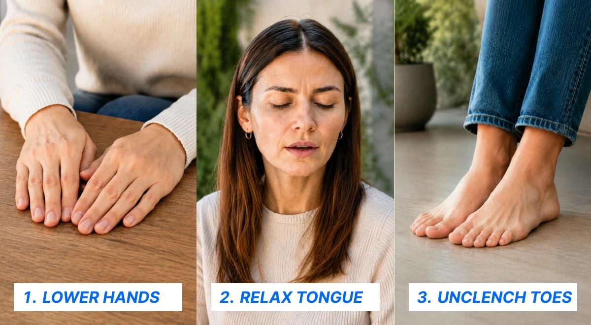 Three-panel illustration of anger management techniques in relationships_ lowering hands on a table, a woman relaxing her tongue with eyes closed, and unclenching toes on the floor