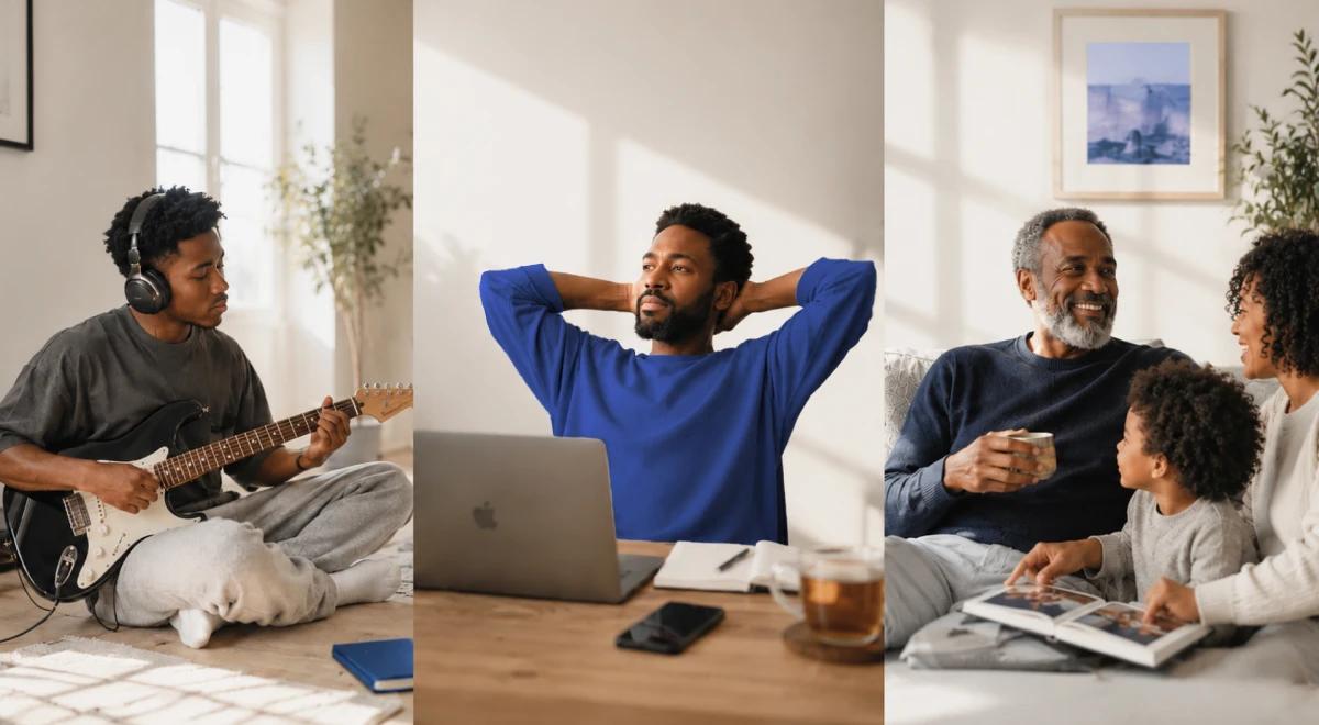 Collage of three lifestyle scenes — a man playing guitar, a woman stretching at a laptop, and a family reading together — illustrating diverse self-improvement activities (1)
