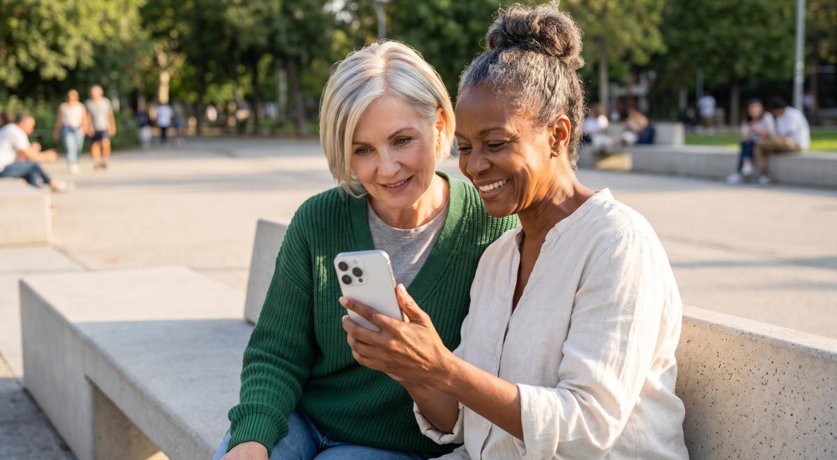Two smiling mature women sitting on a stone bench in a sunny park, looking together at a smartphone while exploring the best brain training apps