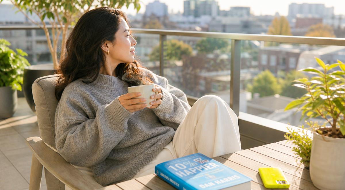 Woman in a grey sweater relaxing on a sunny city balcony holding a warm mug beside potted plants and 10% Happier by Dan Harris, one of the top books for stress relief