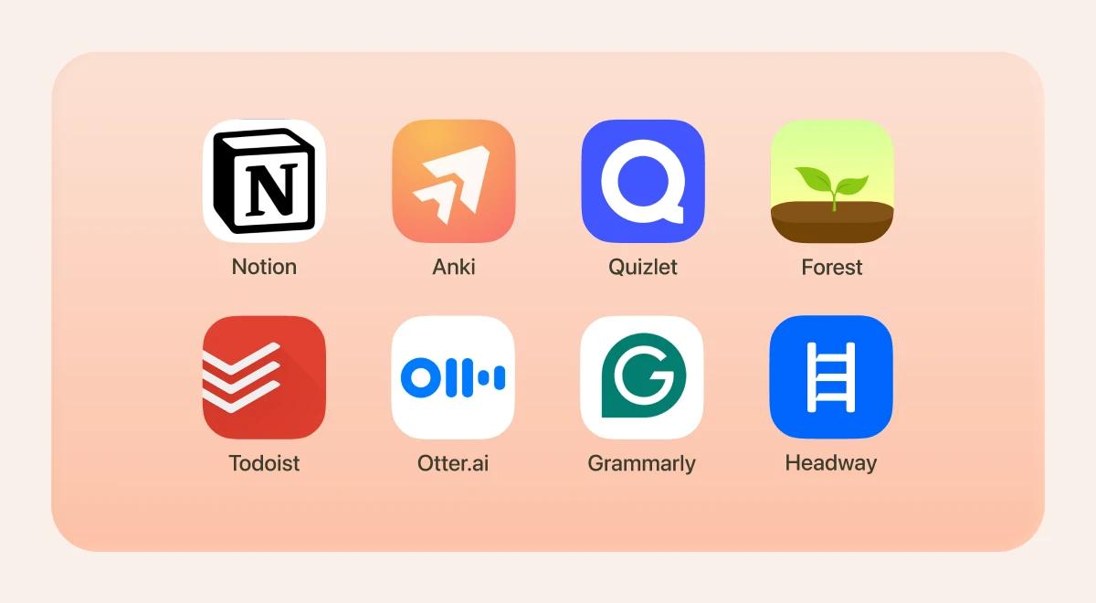 _Illustrated grid of college study apps on a pink background including Notion, Anki, Quizlet, Forest, Todoist, Otterai, Grammarly, and Headway