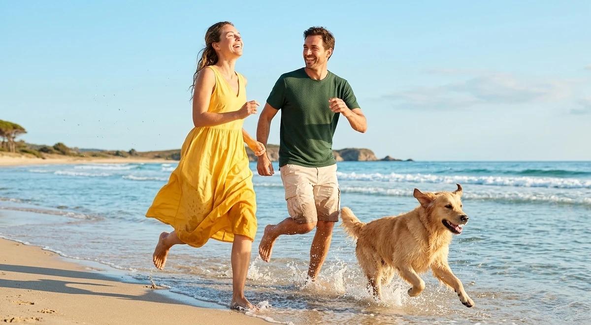 A happy couple in casual clothes running along a sunny beach shoreline with a golden retriever, fully present and focused in a joyful outdoor moment with blue sky and waves