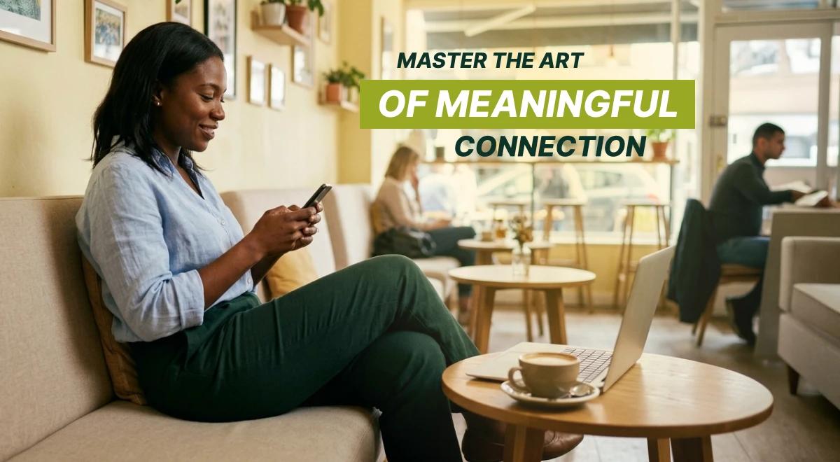 Woman relaxing on a café sofa using a smartphone with a laptop and coffee nearby, people in background, text overlay about meaningful connection