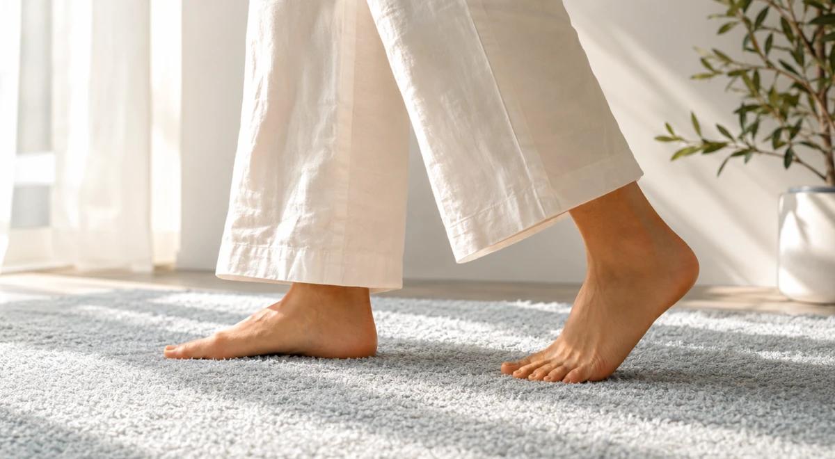 Close-up of a woman's bare feet walking slowly on a gray carpet in a bright airy room, symbolizing mindful movement and a calm, grounded lifestyle