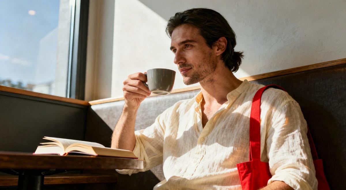 Man in a white linen shirt sitting at a café table by a window, holding a coffee cup with an open book in front of him, reflecting a motivation reading mindset
