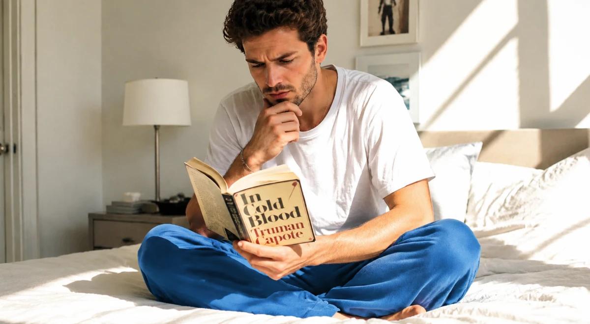 Young man in a white t-shirt and blue pants sitting cross-legged on a bed reading In Cold Blood by Truman Capote, with a lamp and framed picture visible in a bright bedroom background