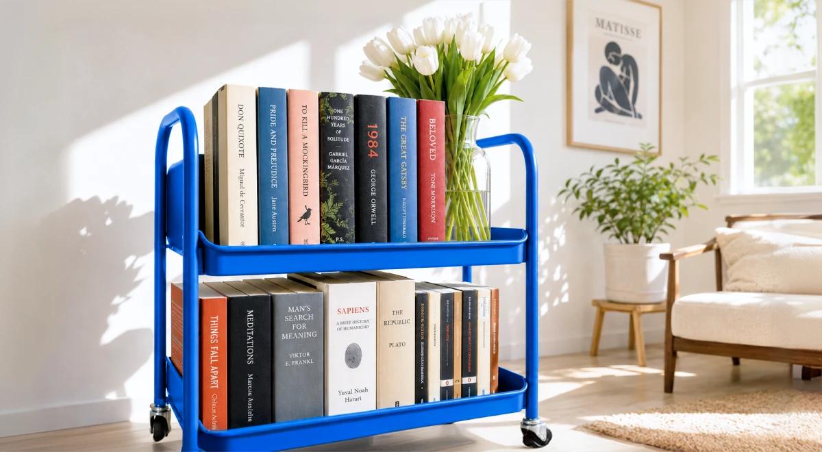 Blue rolling library cart with two shelves holding classic and must-read books including 1984, Sapiens, and Don Quixote, with white tulips, a bright window, and a cozy armchair in the background