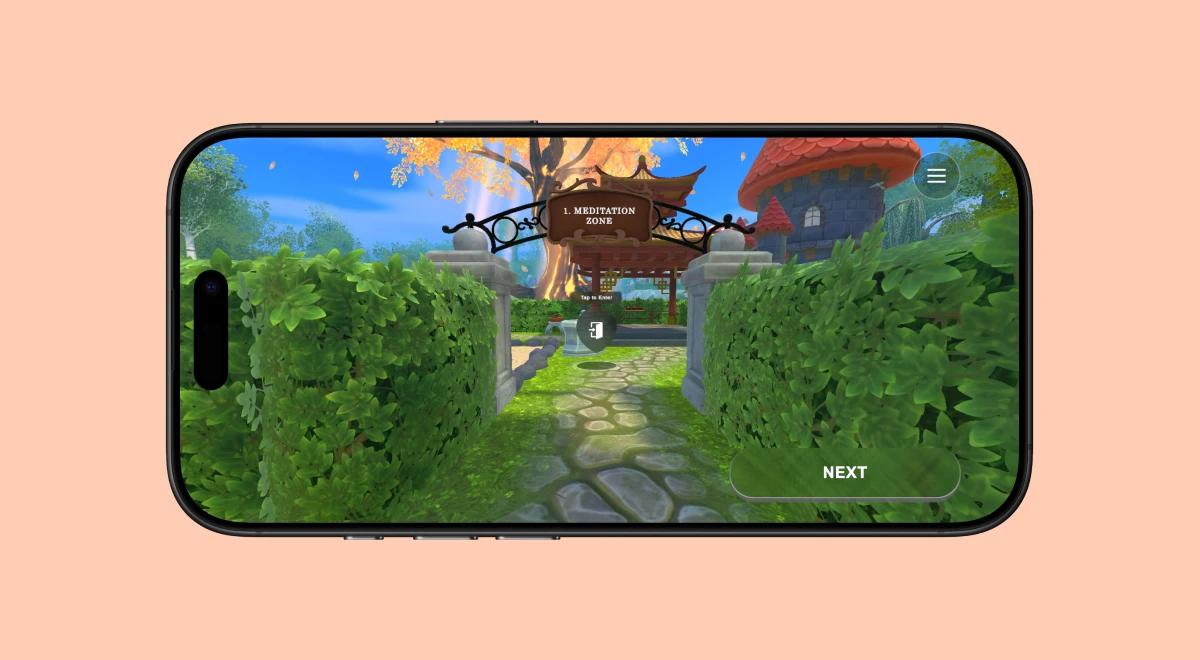 MemoryOS app 3D memory palace game environment on iPhone in landscape mode, lush green garden with a stone gate and bridge, salmon background