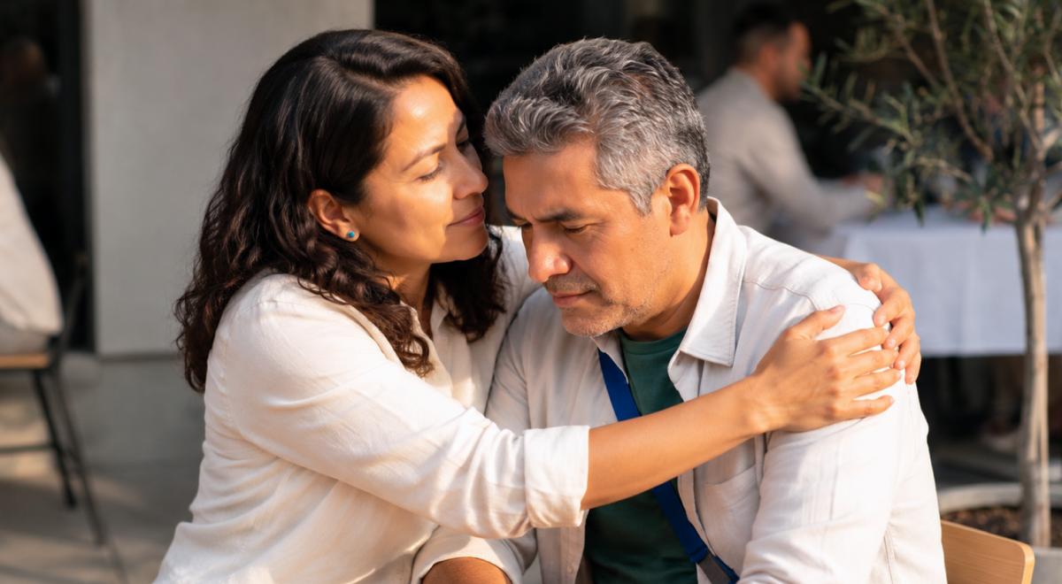 Mujer reconfortando a un hombre con gesto de abrazo en una terraza, mostrando empatía y comunicación emocional en la relación