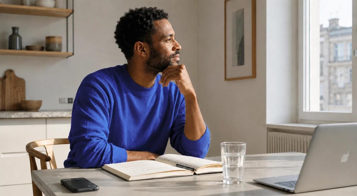 Thoughtful Black man in a blue sweater sitting at a desk with a laptop and notebook, looking out a bright window, reflecting on self-improvement goals (1)