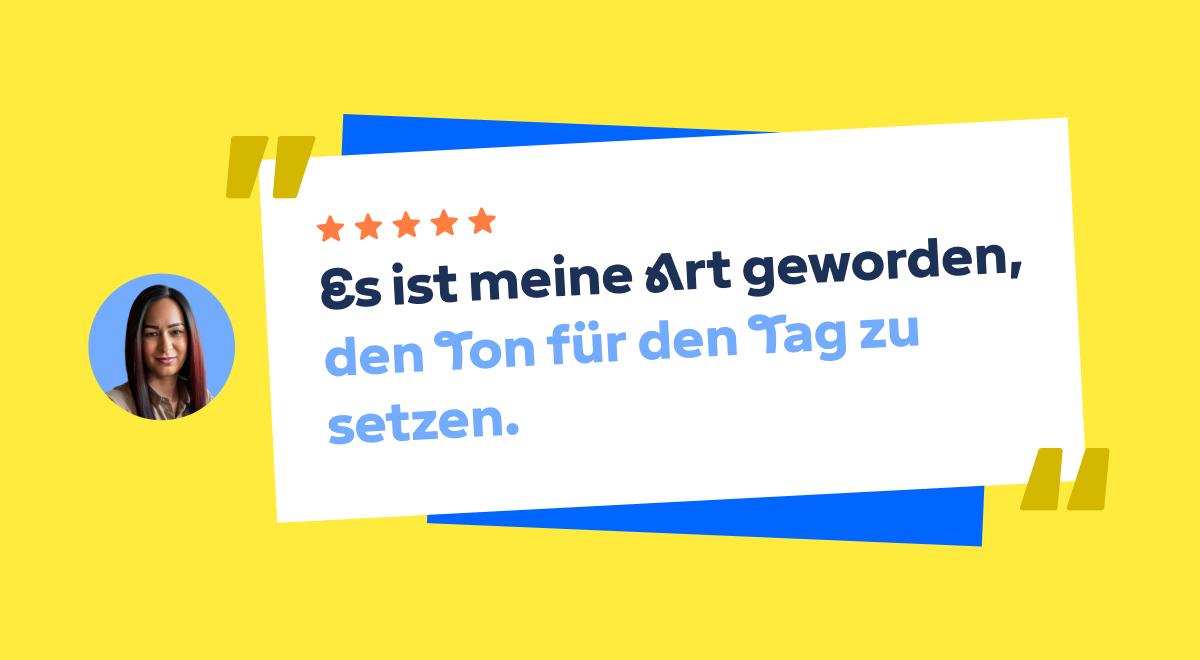 Fünf-Sterne-Headway-App-Rezension einer lächelnden Frau mit dunklem Haar auf gelbem Hintergrund mit blauen und gelben Akzenten sowie einem positiven Zitat auf weißer Karte