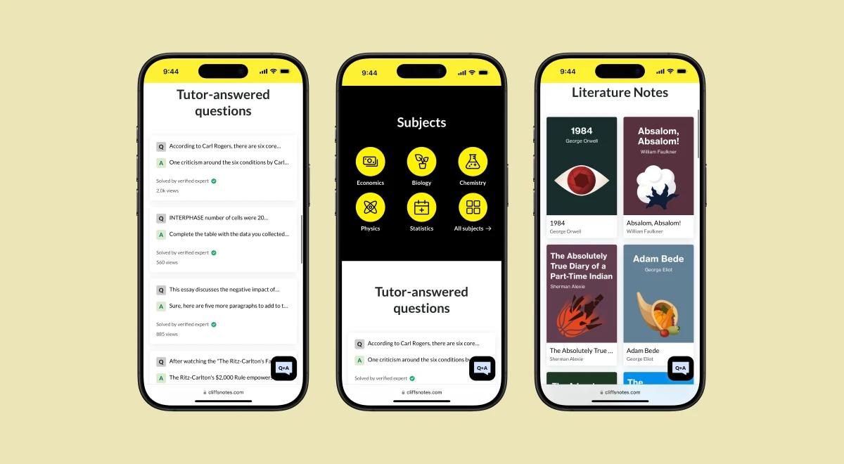 Three smartphones showcasing CliffsNotes online platform screens with tutor-answered questions, subject categories, and literature notes on yellow background