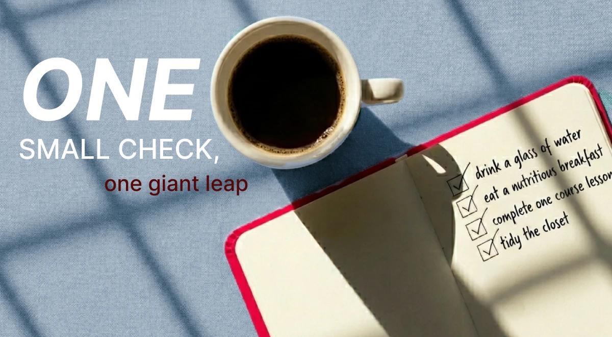 Overhead view of a coffee cup and open notebook with a checklist on a denim surface, representing motivation and daily productivity habits
