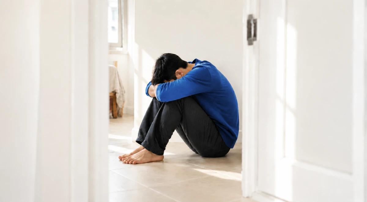Person in a blue top sitting curled up on a white floor near a door, representing emotional pain before forgiving yourself