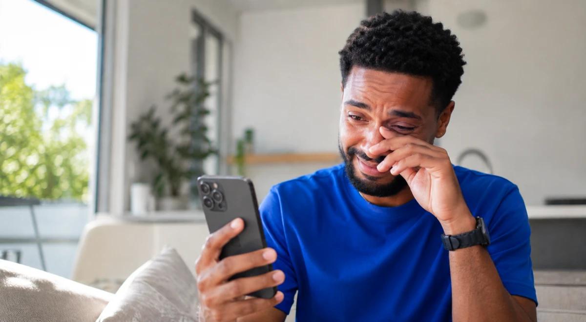 Young Black man in a blue t-shirt crying while looking at his smartphone on a couch at home, showing emotional sensitivity and vulnerability in a bright modern living room