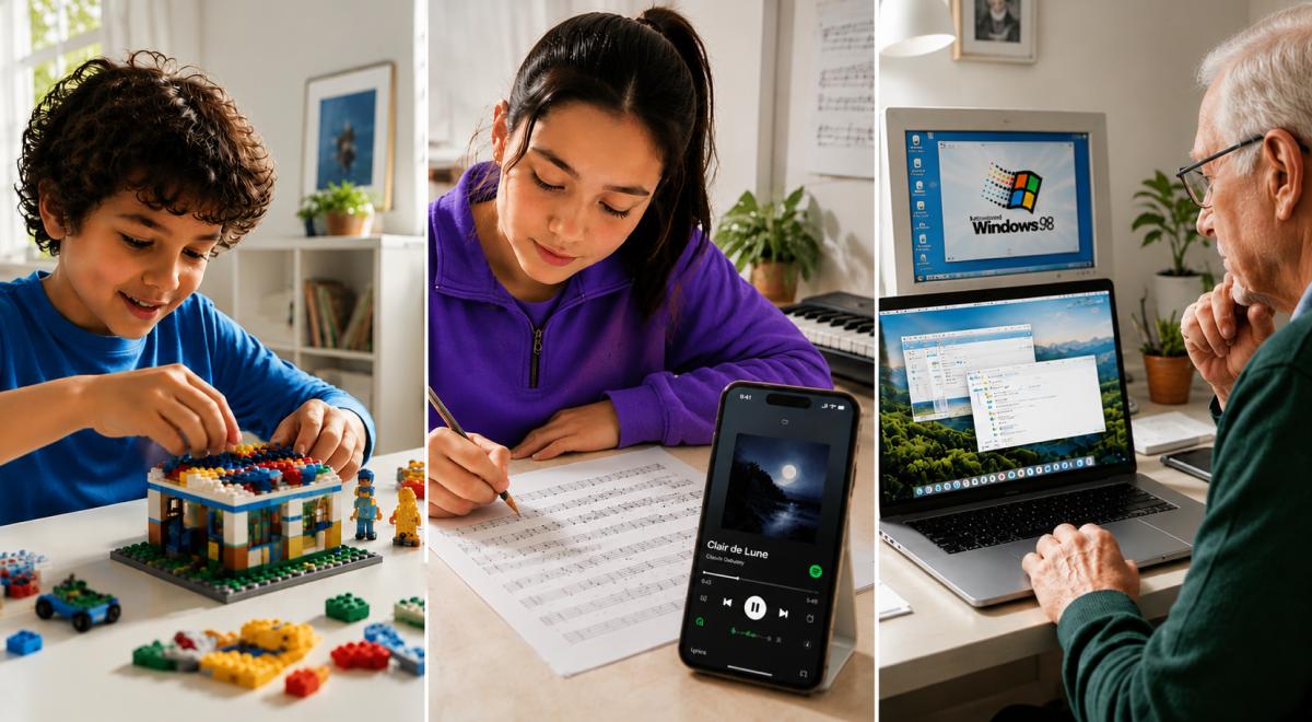 Triptych showing how learning changes across generations, from a boy building LEGO to a girl writing music with Spotify playing Clair de Lune, and an older man using a laptop beside a Windows 98 monitor