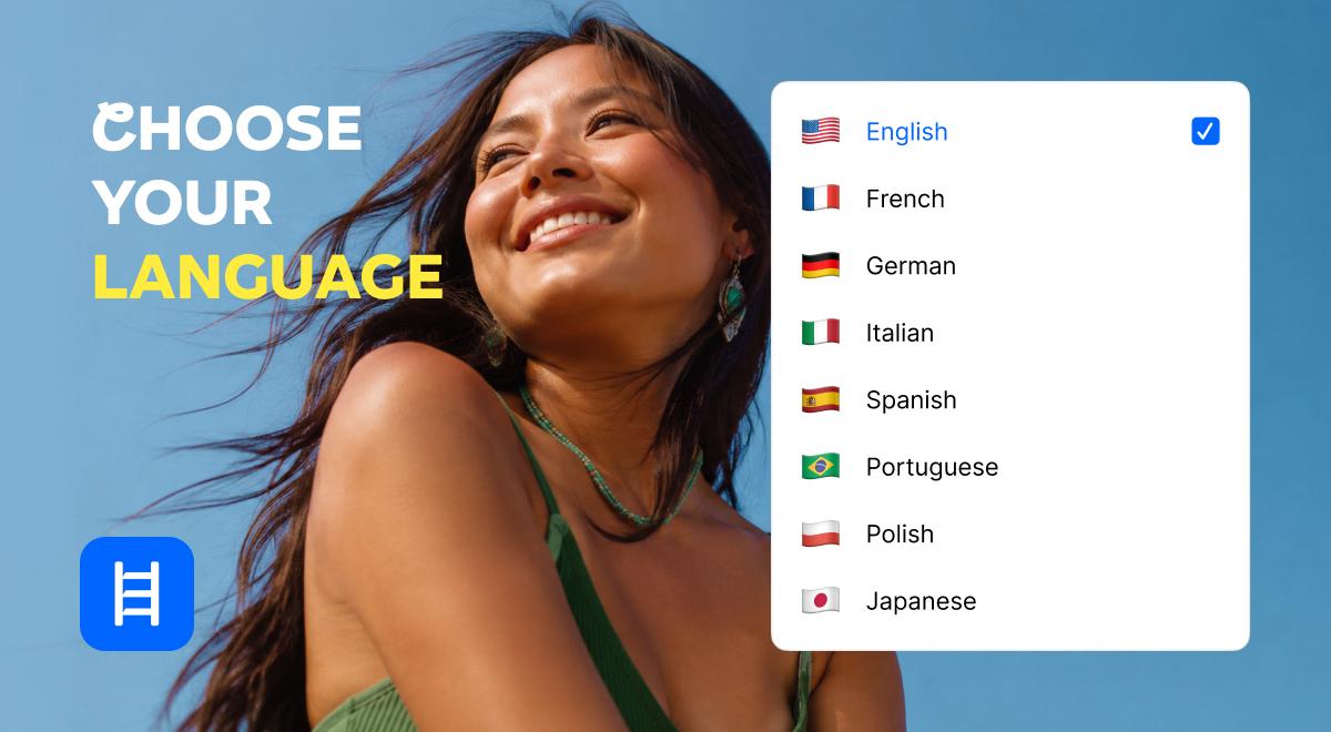 Smiling woman with flowing hair against blue sky beside a Headway app language selection menu with English selected among French, German, Italian, Spanish and other options