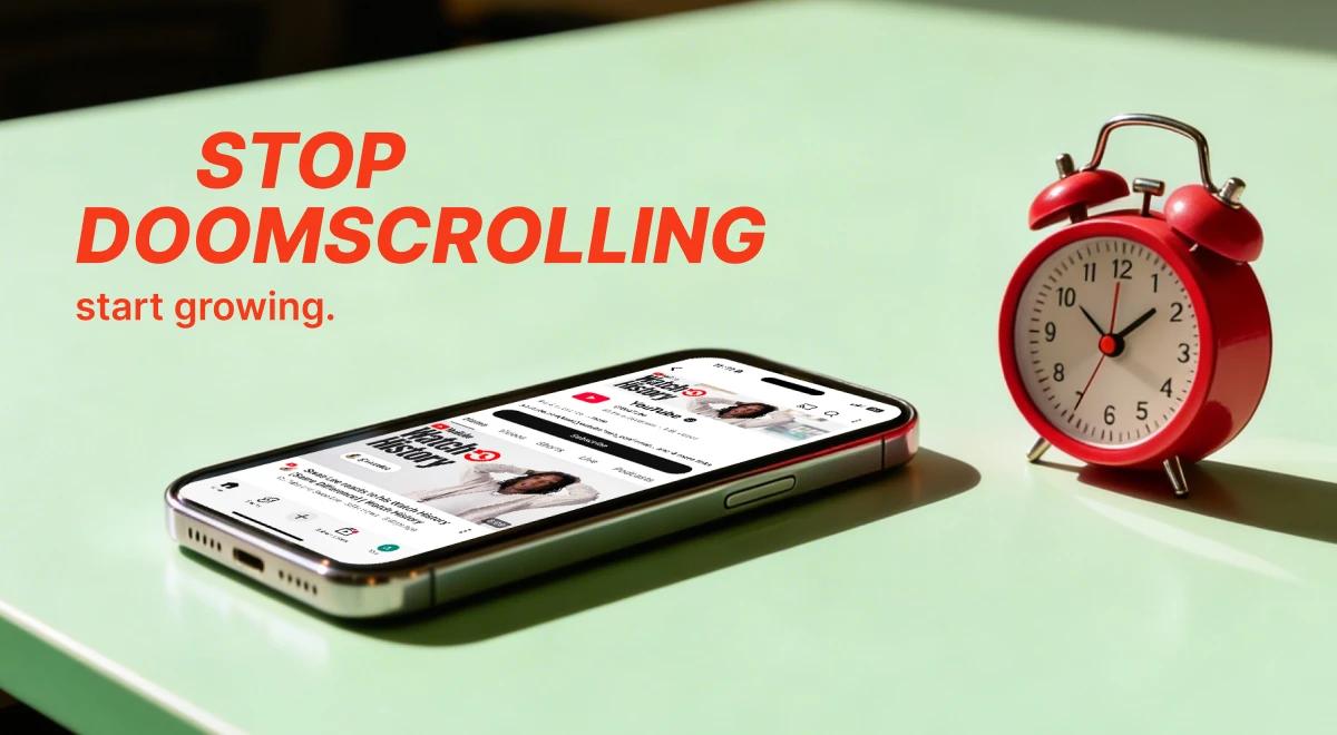 Smartphone displaying a social media feed lying flat on a mint green surface next to a red alarm clock, illustrating the need to stop doomscrolling and build better digital habits